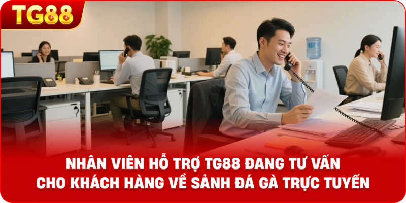 Hình ảnh nhân viên hỗ trợ TG88 đang tư vấn cho khách hàng về sảnh đá gà trực tuyến